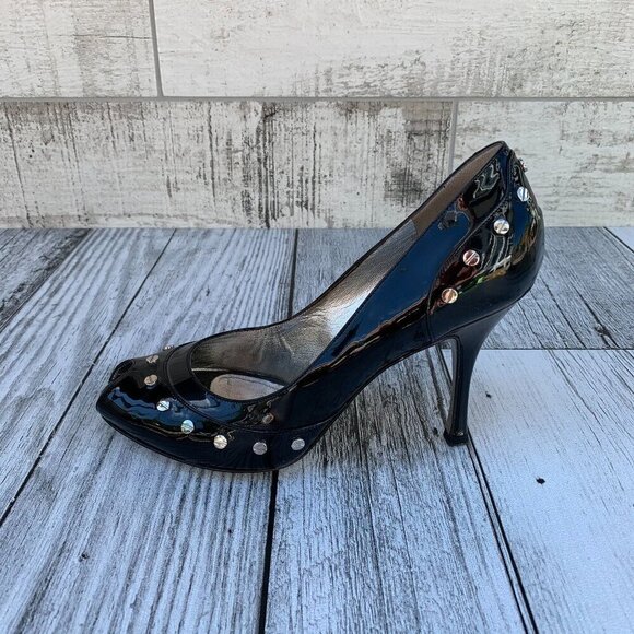 Dolce & Gabbana Black Patent Leather Silver Studded Peep Toe Pump - Picture 1 of 10